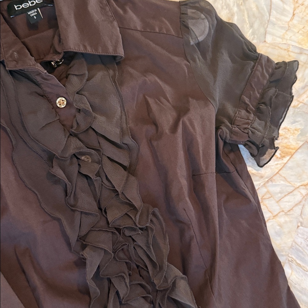 Bebe Chocolate Ruffle Blouse Small - Picture 7 of 13